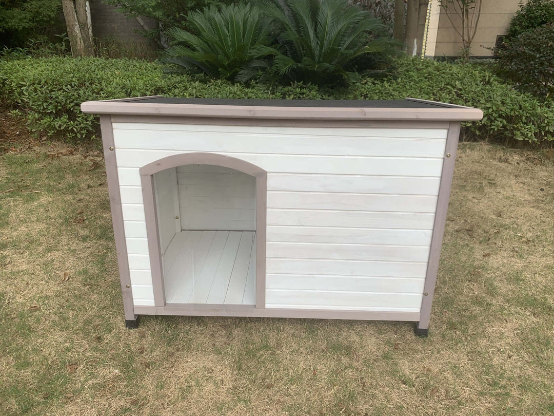 Affordable wooden dog kennel house with spacious entrance and elevated design for comfort and protection.