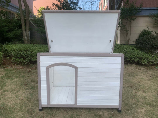 YES4PETS L Timber Dog Kennel House with open roof, spacious interior, and white-striped design - Affordable dog shelter.