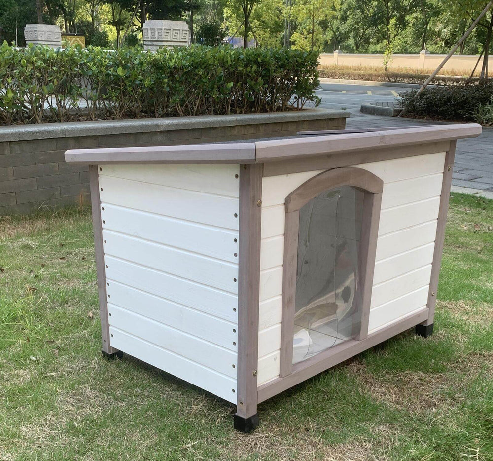 Affordable YES4PETS wooden dog kennel house with elevated design and striped roof for dogs.