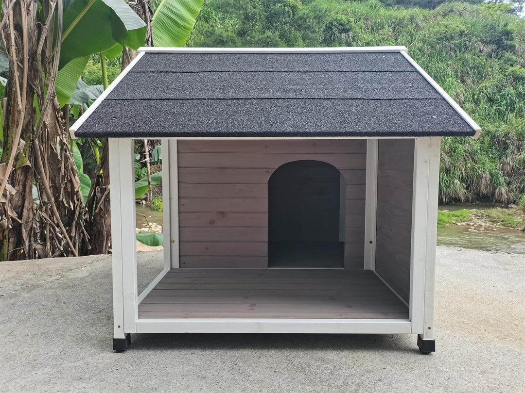 YES4PETS grey wooden dog kennel house with wide entrance and sloped roof, 130x105x100cm, perfect for comfort and relaxation.