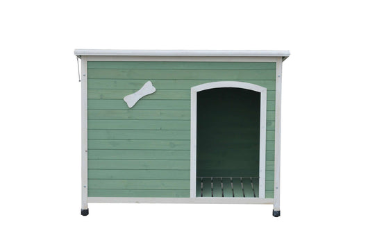 Affordable medium timber dog kennel house with stripe, spacious interior, elevated floor to keep pets safe and comfortable.