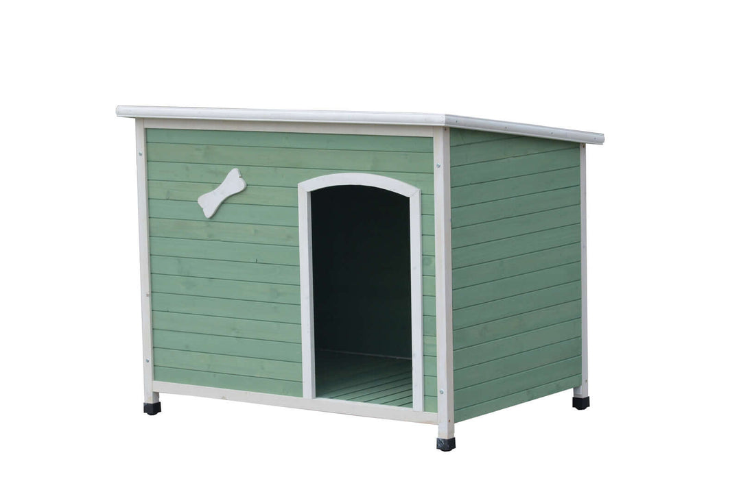 Affordable medium wooden dog kennel house with spacious entrance and elevated floor for pets.