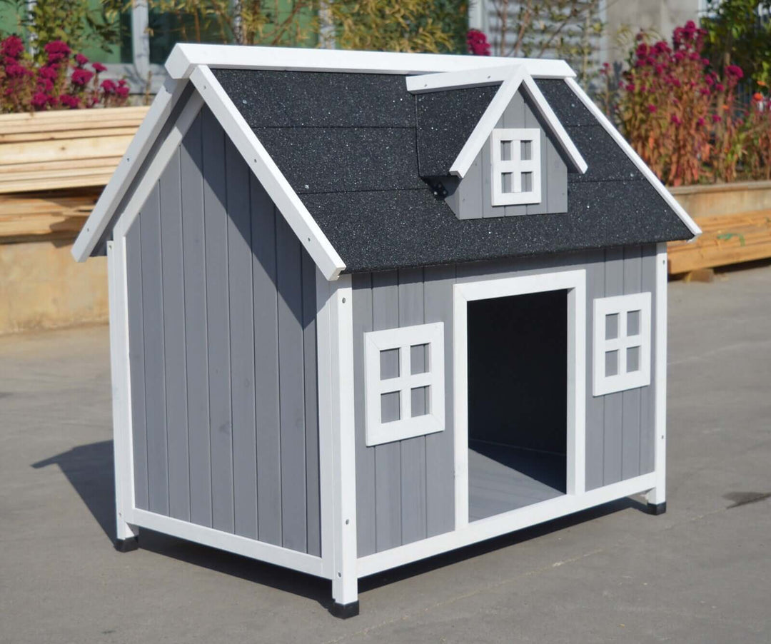 YES4PETS Grey Large Timber Dog Cabin with black roof, designed for comfort and style in your garden.