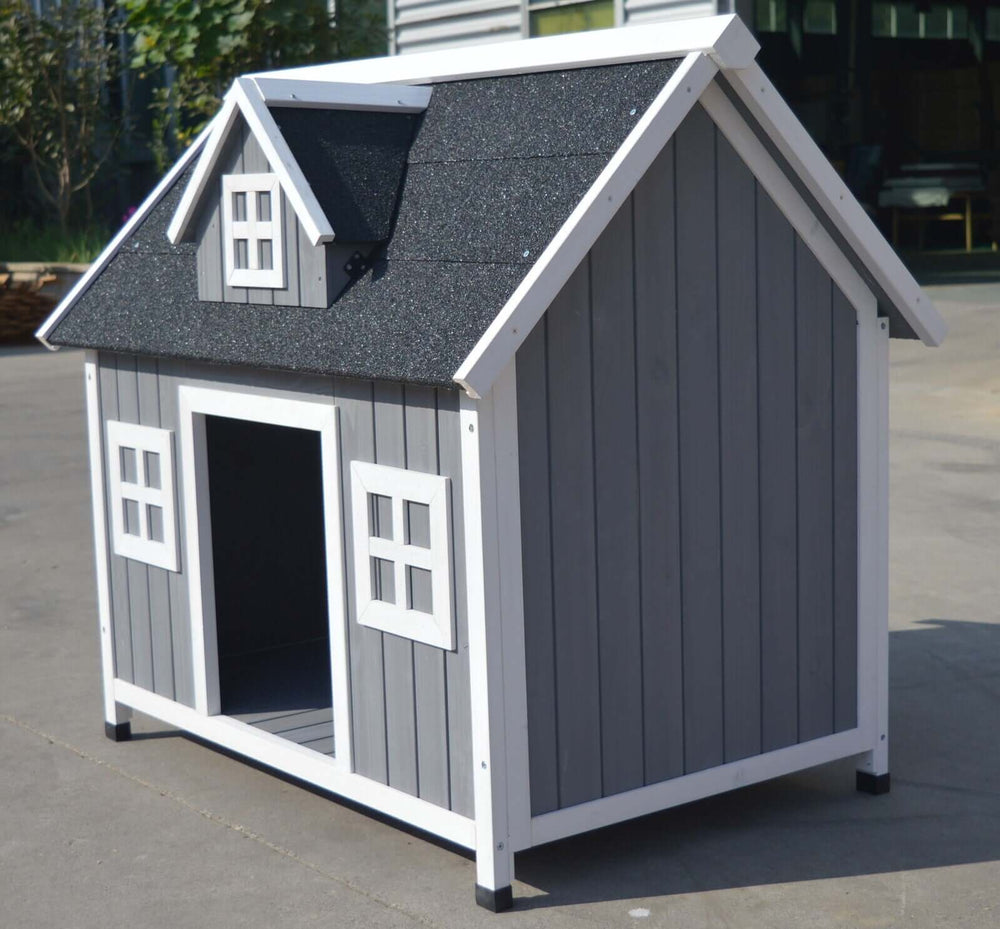 YES4PETS grey wooden dog kennel with asphalt roof, raised floor, and charming design for outdoor use.