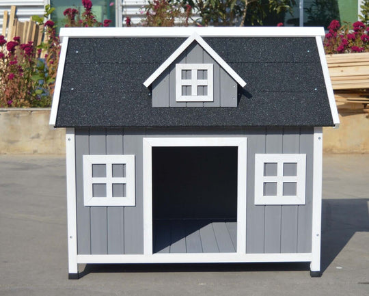 YES4PETS Grey Large Timber Dog Cabin with asphalt roof and windows, perfect for pets up to 30kgs.