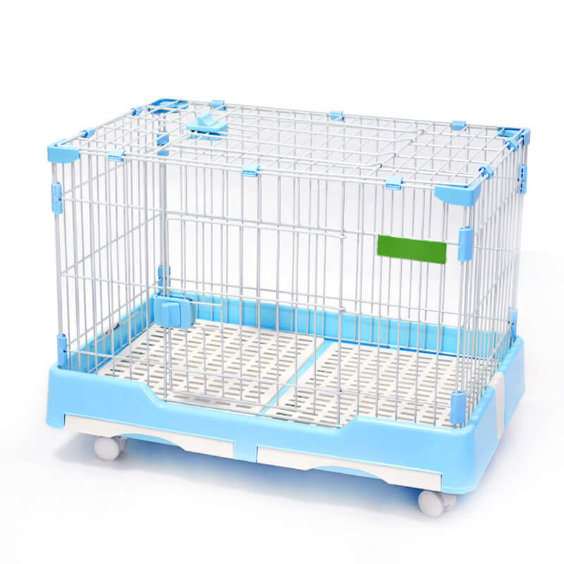 Large blue pet crate with potty pad and wheels for dogs, cats, and rabbits, foldable design for easy transport.