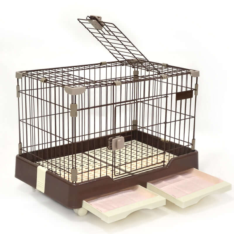 Affordable large brown pet dog cat rabbit cage crate with potty pad and wheels for convenient pet care.