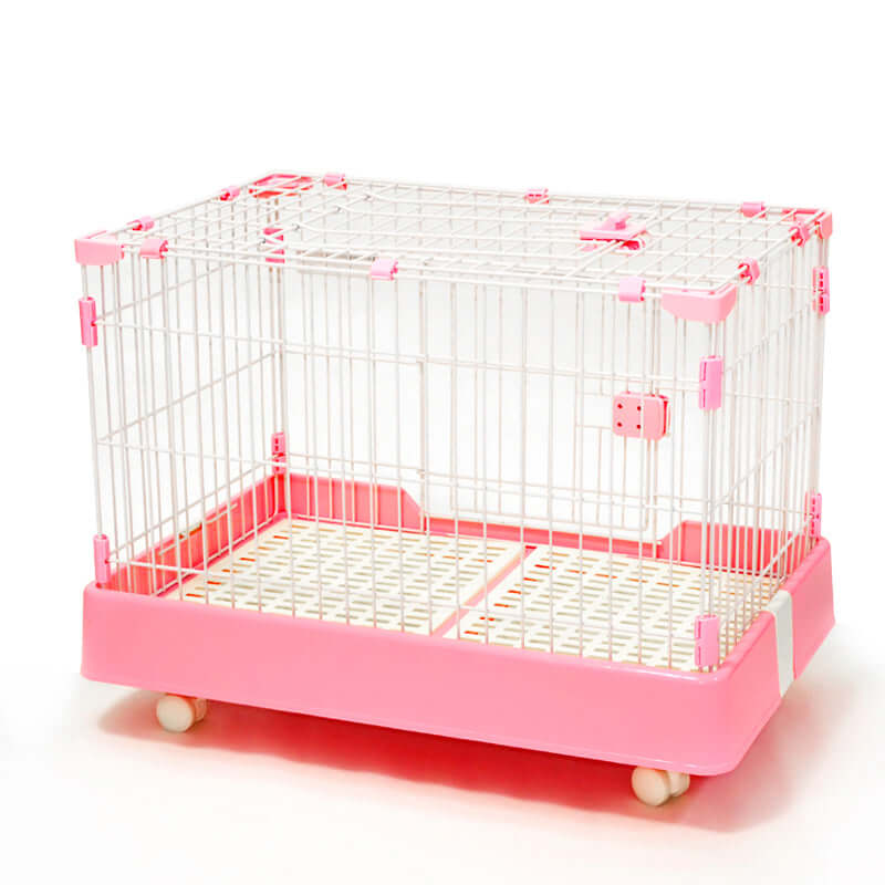 Large pink pet cage with wheels, foldable design, suitable for dogs, cats, and rabbits, offering convenience and safety.