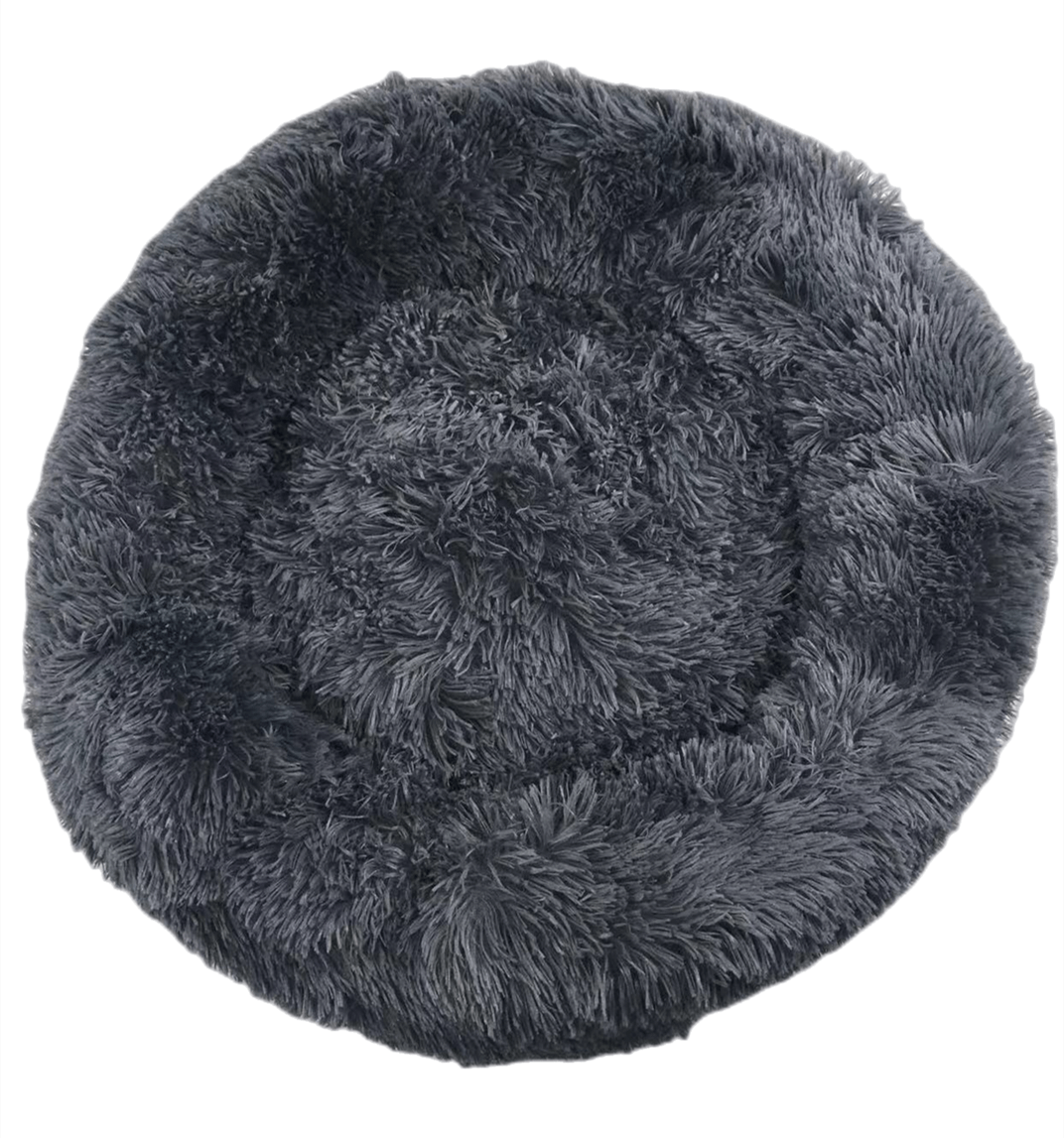 Large round dark grey plush dog bed, calming and comfy, perfect for puppies and stressed pets.