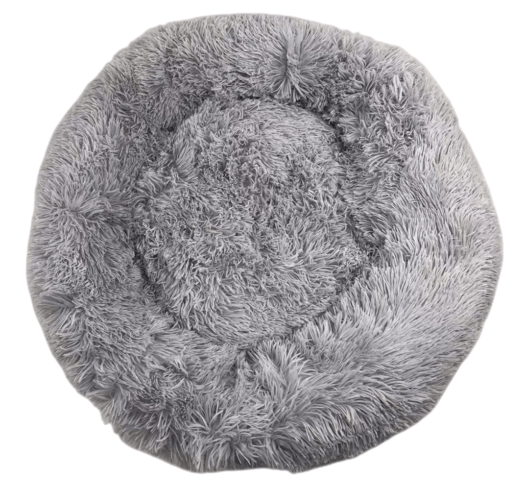 Medium round calming plush cat and dog bed in soft grey, ideal for easing pet anxiety and providing comfort.