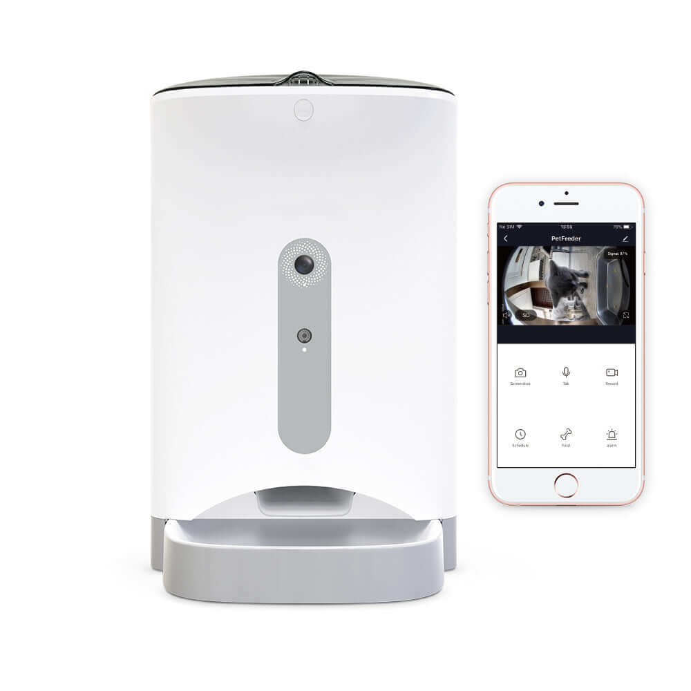 Smart automatic pet feeder with smartphone app control for iPhone and Android, ensuring affordable quality feeding.