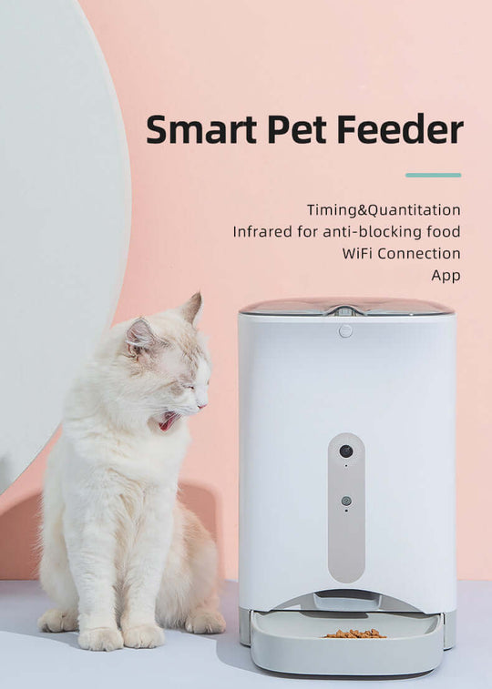 Smart pet feeder with WiFi connection and anti-blocking design next to a cat, enhancing pet care convenience.