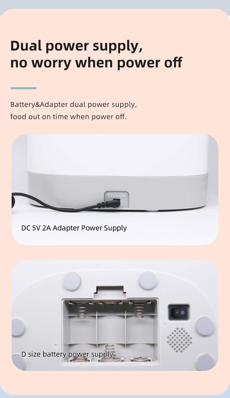 Image of a smart pet feeder showing dual power supply options: Adapter and D-size battery connectivity.