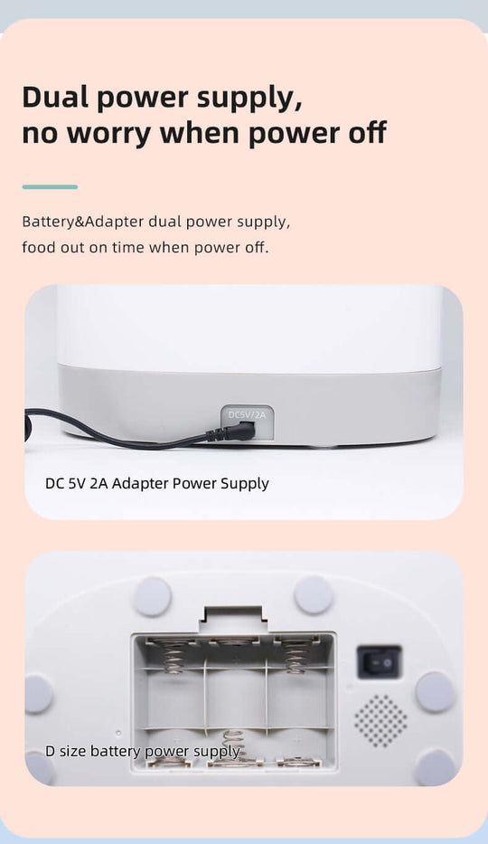 Image of a smart pet feeder showing dual power supply options: Adapter and D-size battery connectivity.