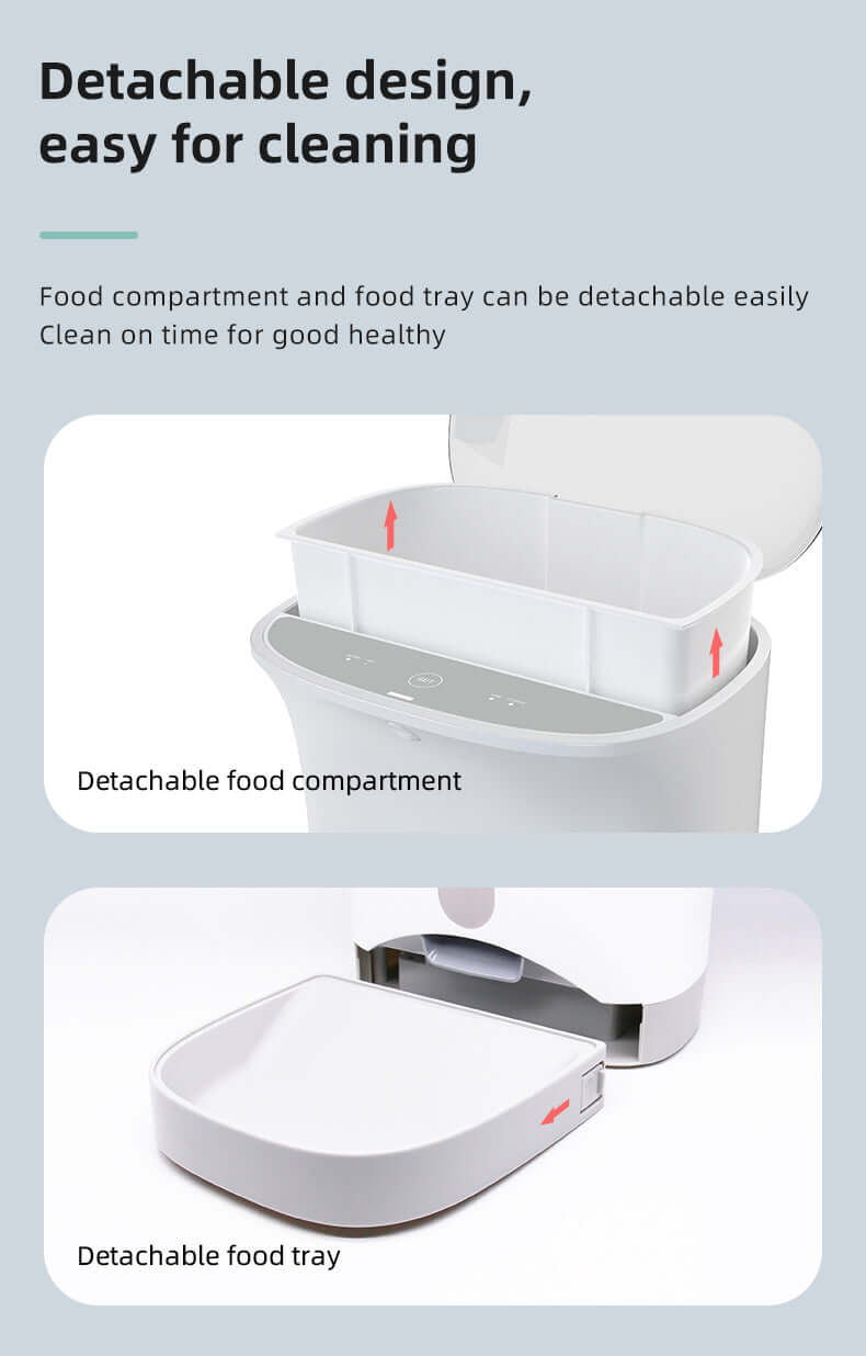 Detachable food compartment and tray for easy cleaning in smart pet feeder, promoting health and convenience.