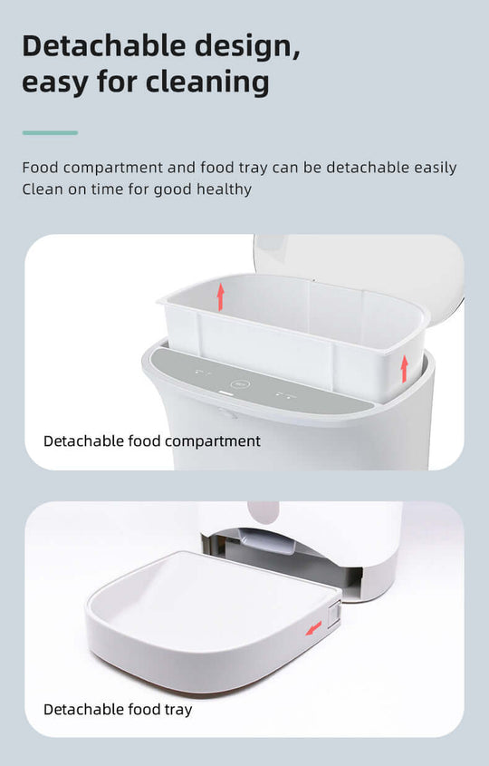 Detachable food compartment and tray for easy cleaning in smart pet feeder, promoting health and convenience.