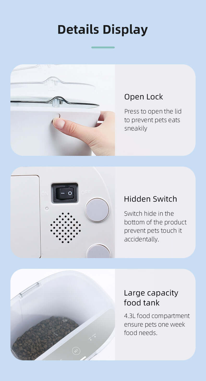 Smart feeder details showcasing open lock, hidden switch, and large capacity food tank for pets.