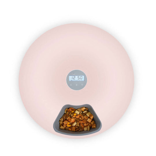 6 Meal Automatic Pet Feeder in pink with digital timer and portioned dry food, perfect for dogs and cats.