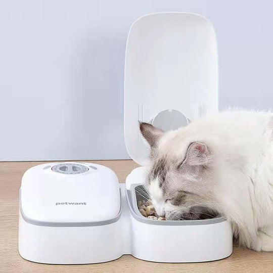 Automatic pet food feeder for dogs and cats, featuring a timer and a white design, promoting quality and affordable pet care.