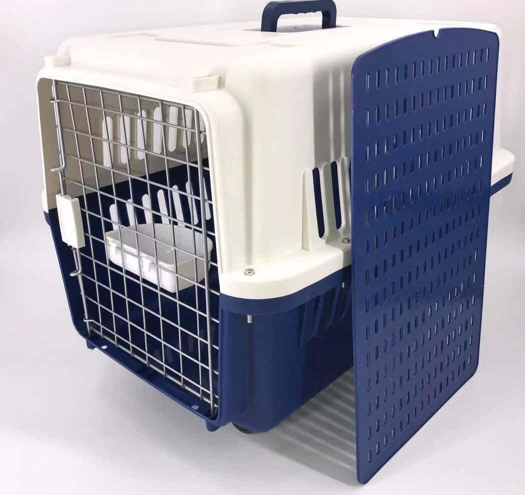 Affordable navy XXL pet carrier with tray, bowl, and removable wheels for cats and dogs.