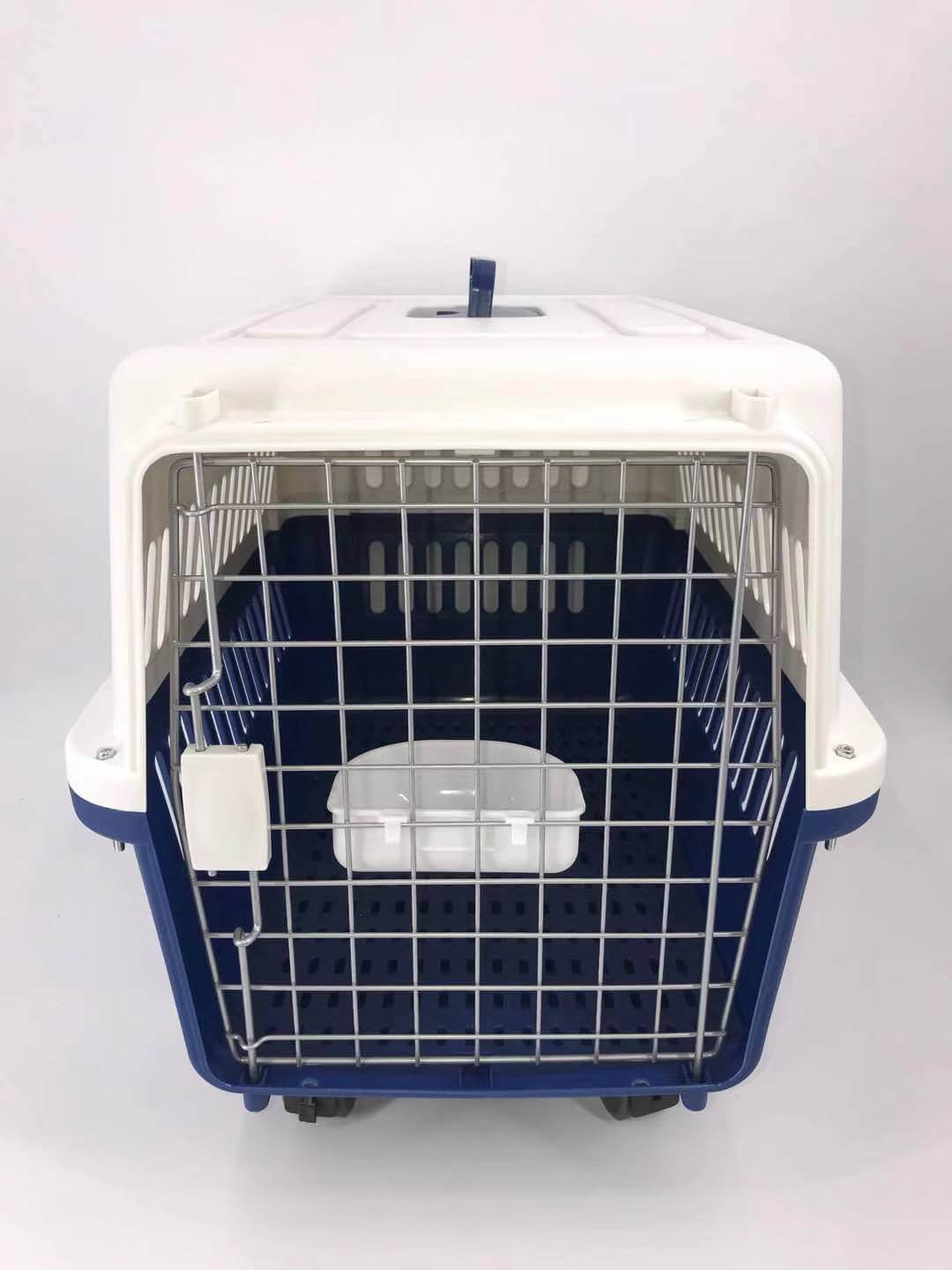 Navy XXL pet crate for cats and dogs with removable wheels, tray, and ergonomic design for easy transport.