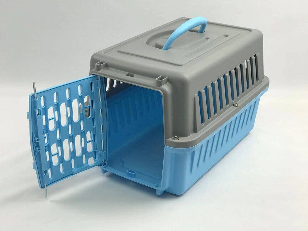 Affordable blue pet carrier for small dogs, cats, and rabbits with large entrance and ventilation slots.