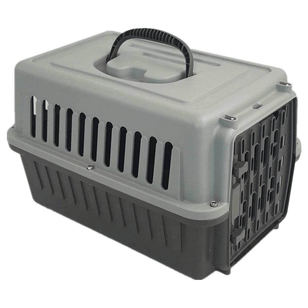 Affordable grey pet carrier for small dogs, cats, rabbits, and guinea pigs with easy storage and ventilation.