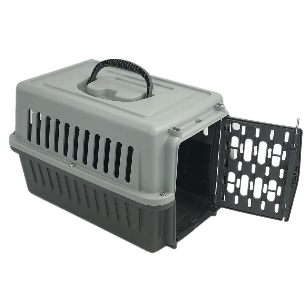 Affordable grey pet carrier for small dogs, cats, rabbits, and guinea pigs; lightweight, sturdy, and compact design.