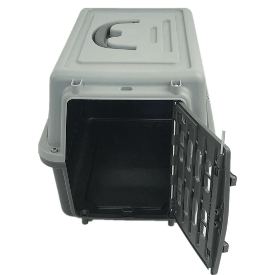 Affordable grey pet carrier crate with spacious entrance and ventilation for small dogs and cats.