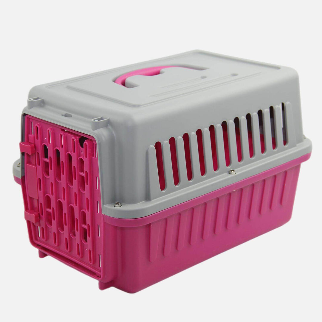 Affordable pink pet carrier for small dogs, cats, and rabbits with ergonomic handle and ventilation slots.