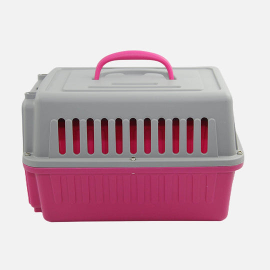 Lightweight pink and gray small pet carrier with ventilation slots and ergonomic handle, ideal for cats, dogs, and rabbits.