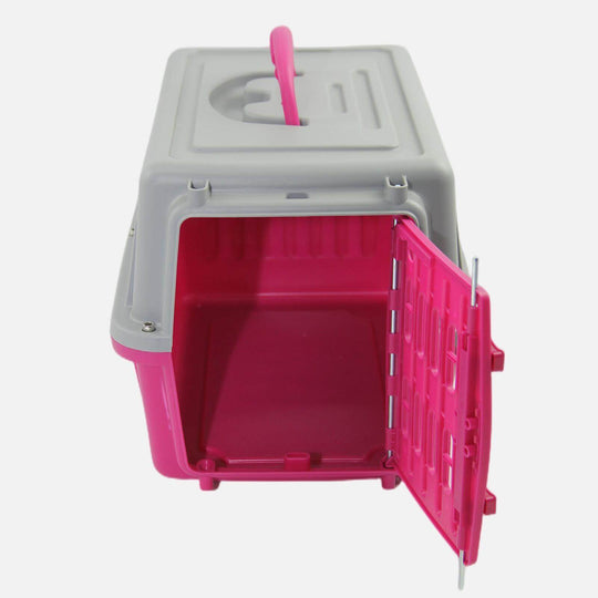 Affordable pink pet carrier with large entrance and ergonomic handle for small dogs, cats, and rabbits.