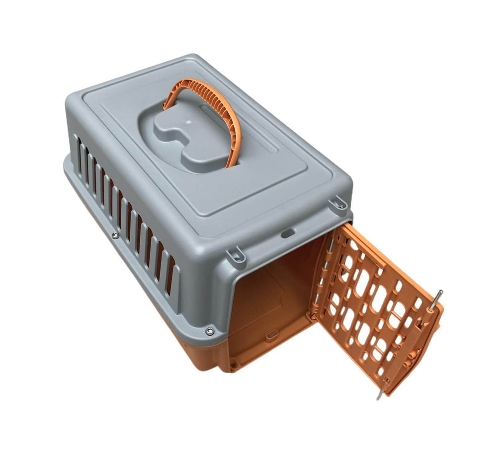 Lightweight small pet carrier in orange and gray for dogs, cats, rabbits, and guinea pigs. Affordable and easy to store.