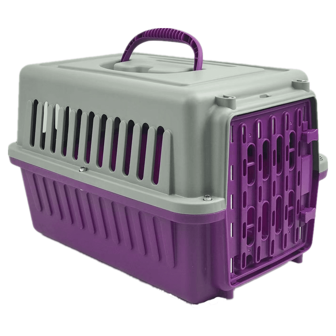 Affordable purple small pet carrier for dogs, cats, rabbits, and guinea pigs featuring ergonomic handle and ventilation.