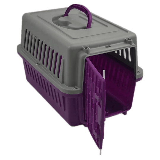 Purple small pet carrier for dogs, cats, and rabbits with large entrance and ergonomic handle for easy transport.