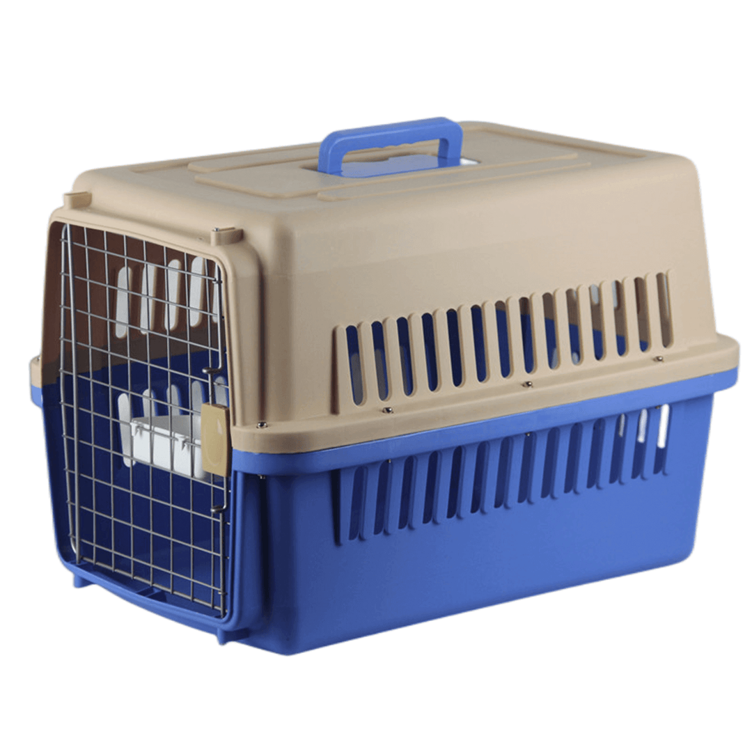 YES4PETS blue medium pet carrier for dogs and cats with bowl and tray, affordable and durable travel crate.