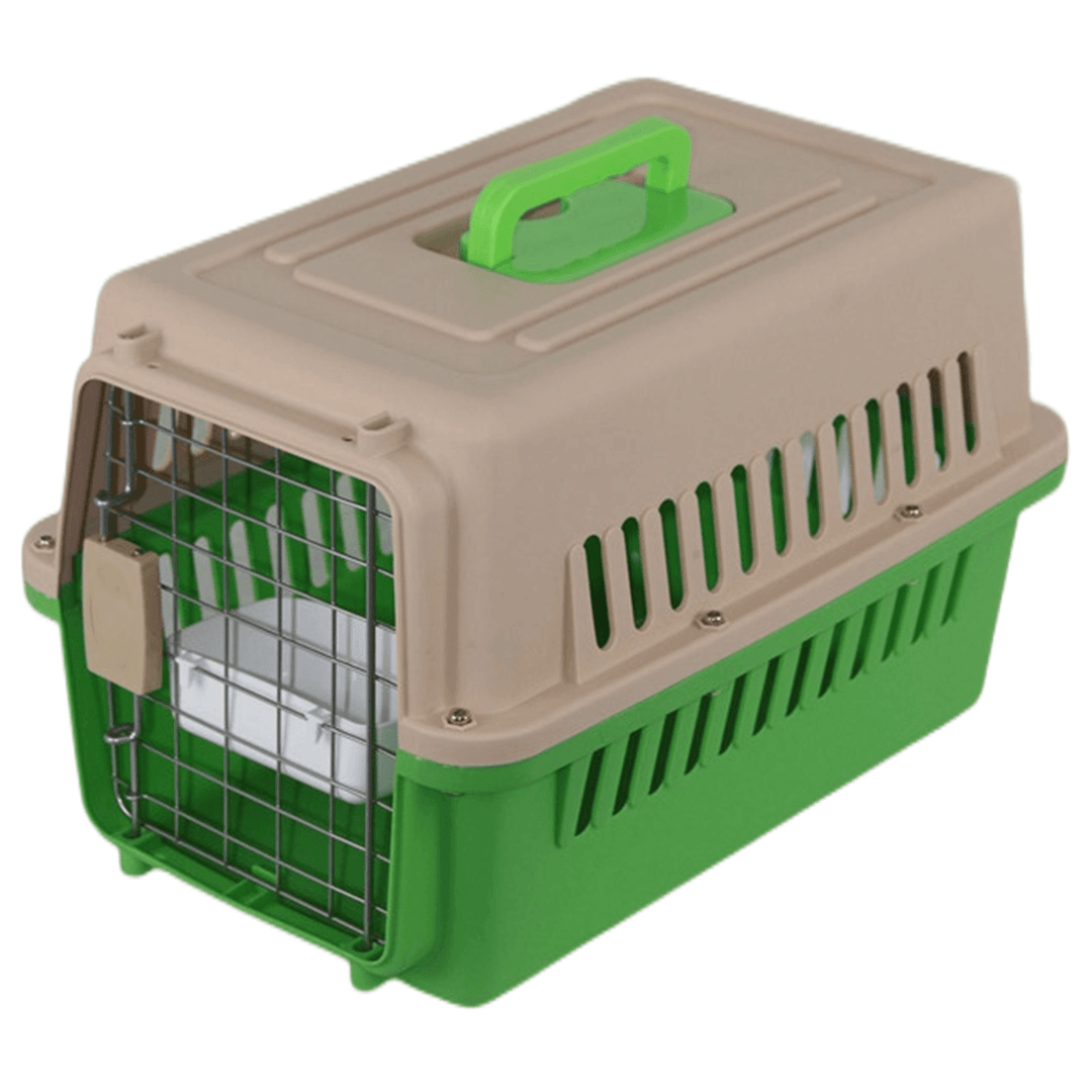 YES4PETS medium dog cat rabbit carrier crate green, lightweight, durable airline cage with bowl and tray.