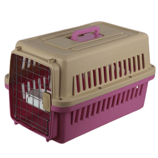 Affordable pink medium pet carrier crate for cats, small dogs, and rabbits, featuring durable design and ergonomic handle.