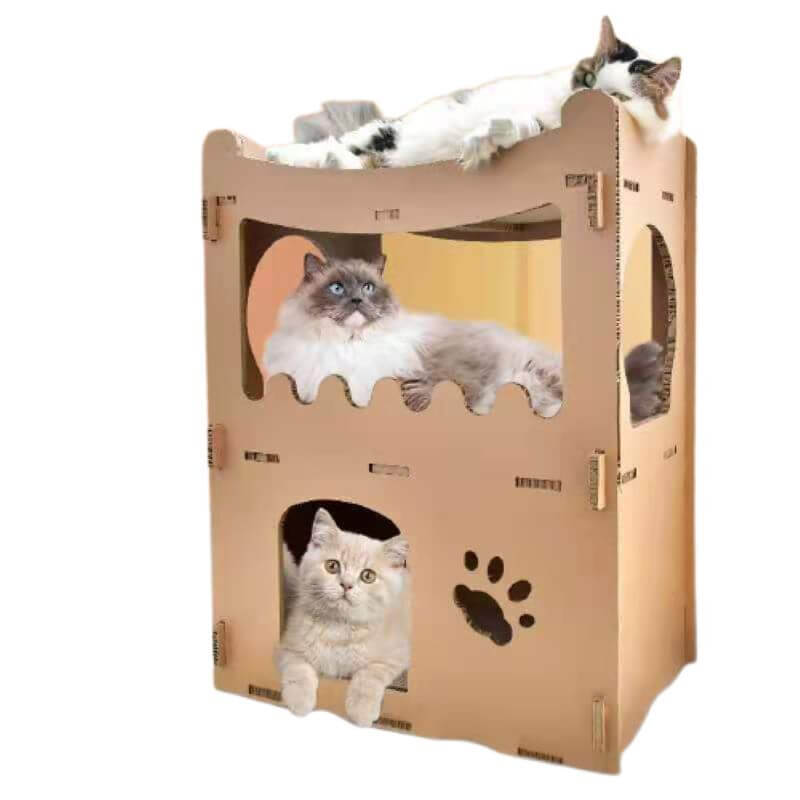 Three cats relaxing in a double storey cardboard house tower, showcasing an affordable and quality pet furniture option.