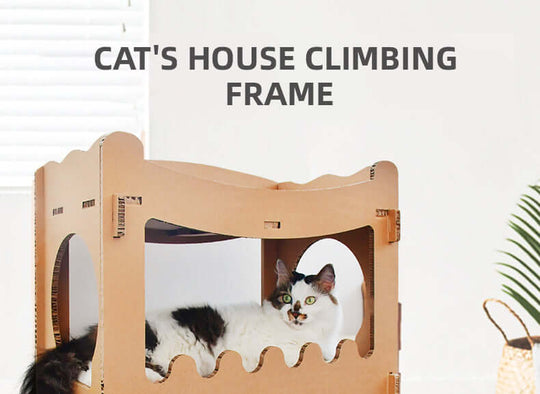 Quality cardboard cat climbing frame with a cozy hideaway for pets, providing affordable and luxurious play space.