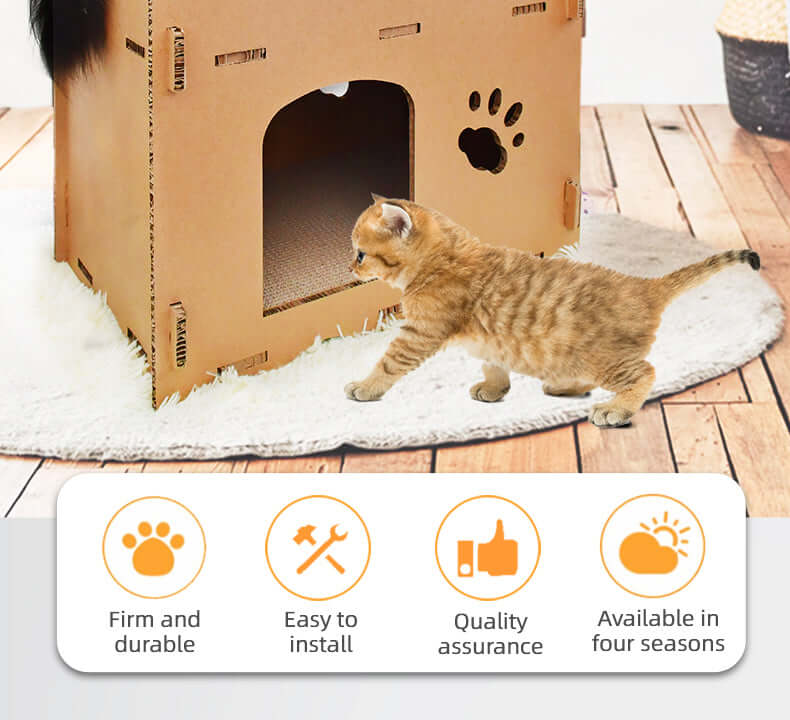 Affordable double storey cardboard cat condo with paw print, perfect for cats to scratch and play.