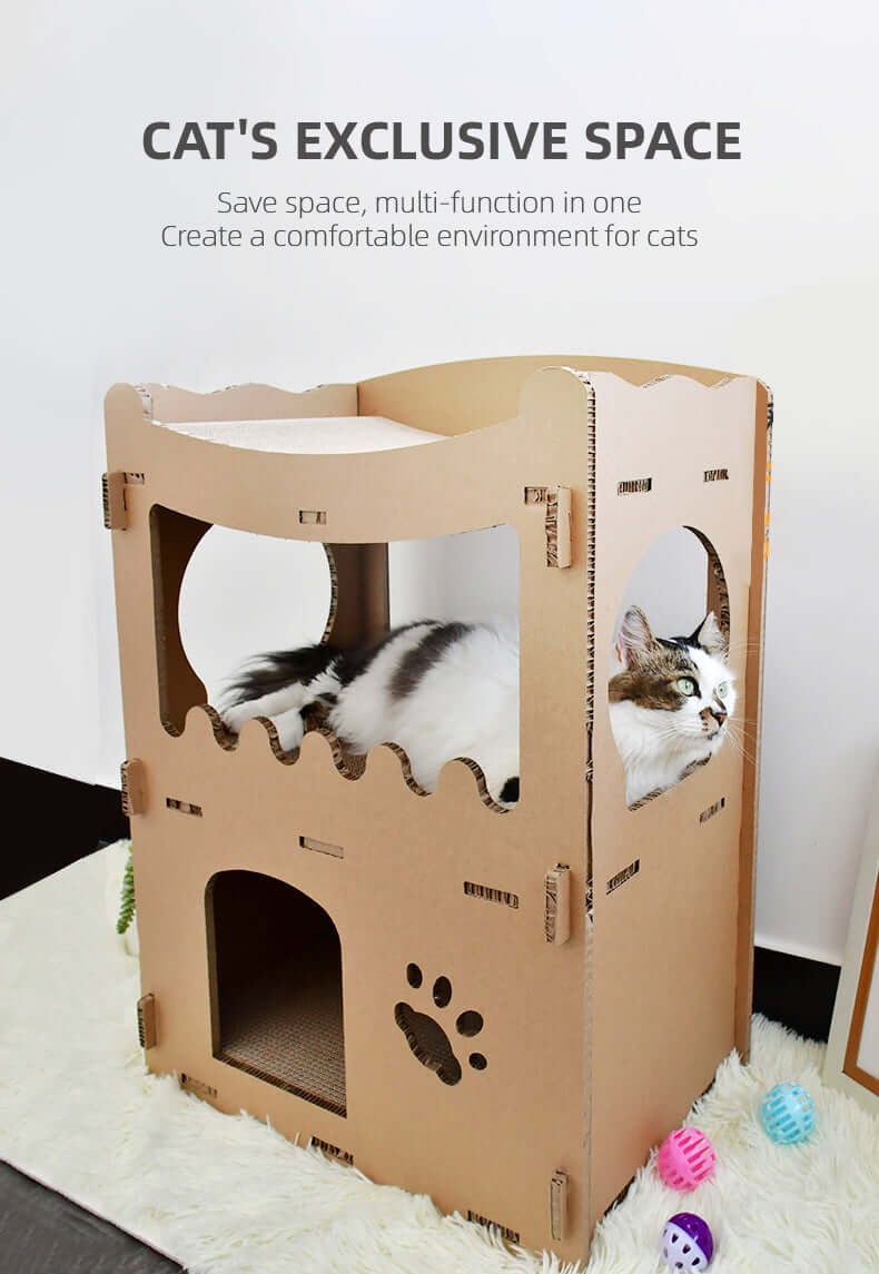 Affordable double-storey cardboard cat condo with cozy space for cats to play and rest.