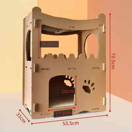 YES4PETS double storey cardboard cat condo, affordable and DIY-friendly with dimensions 70.5cm x 53.5cm x 31cm.