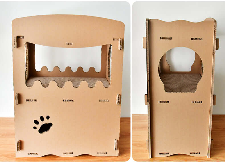 Affordable double storey cardboard cat house with scratcher and play features for DIY pet furniture.