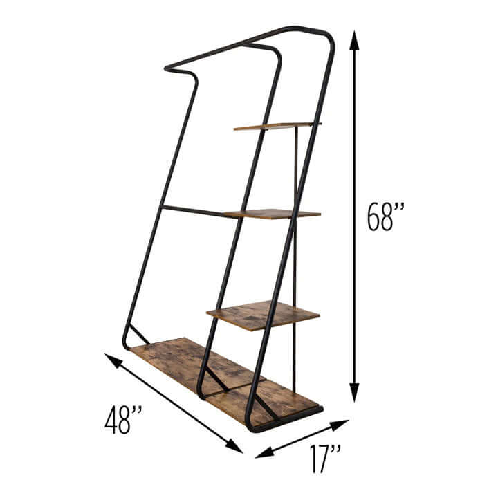 Freestanding closet with 3 shelves, black steel frame, rustic wooden shelves; 68" height, 48" width, modern and stylish.