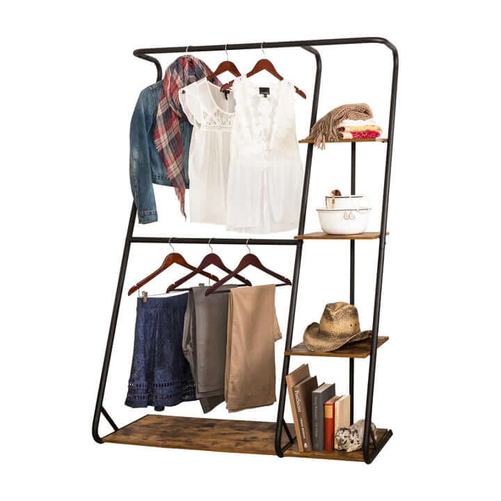 Affordable freestanding closet organizer with shelves for stylish garment and shoe storage in matte black and wood.