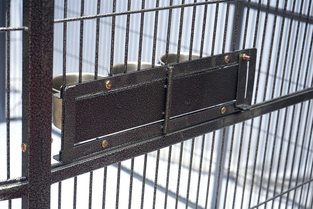 Close-up of the entrance door and secure lock of an XXXXL walk-in pet cage.