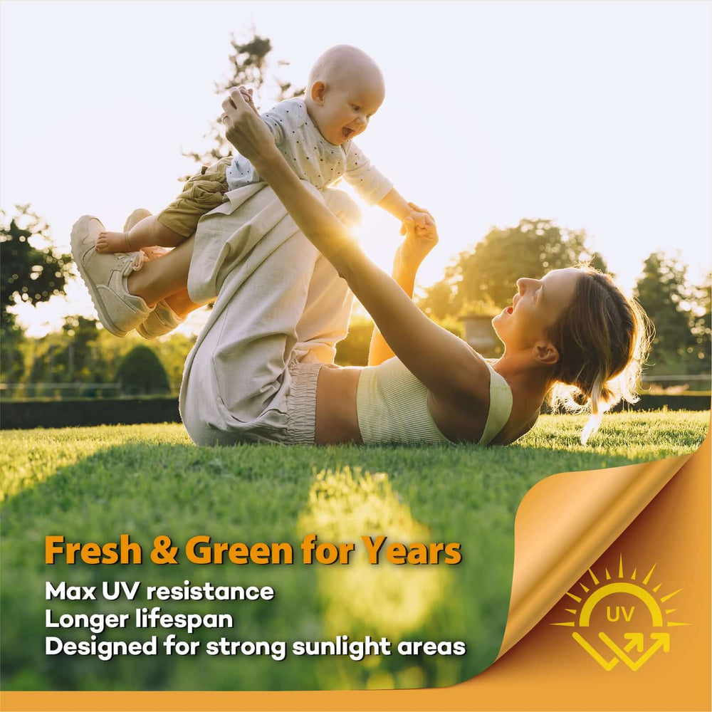 Mother playing with child on synthetic grass, showcasing UV resistance and durability for outdoor use.