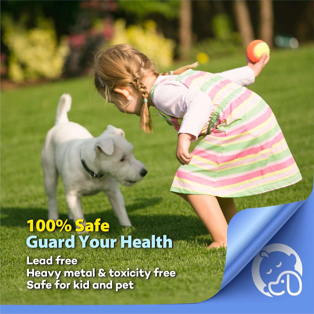 Child playing with a dog on safe artificial grass, highlighting health benefits and safety for kids and pets.