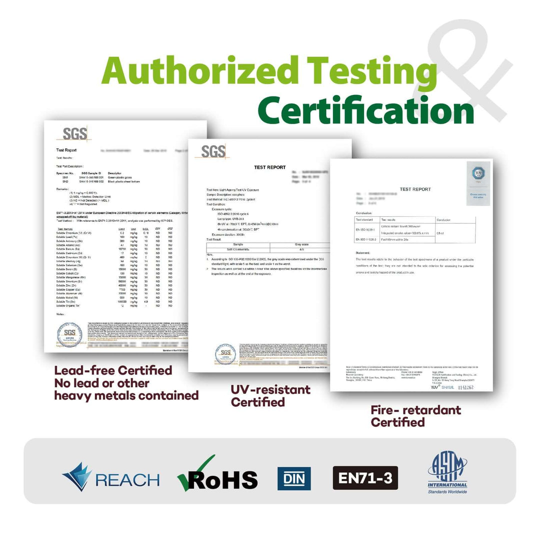 Authorized testing certificates for synthetic turf: lead-free, UV-resistant, and fire-retardant certified documents.